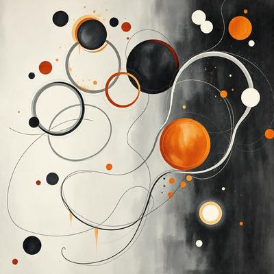 The primary subject of the image is a painting featuring a variety of circles and swirls. The setting is a black and white background, which adds a sense of contrast to the artwork. The visual style appears to be a combination of digital art and illustration, creating a unique and eye-catching piece. The dominant colors in the painting are black, white, and orange, which contribute to a bold and striking mood.